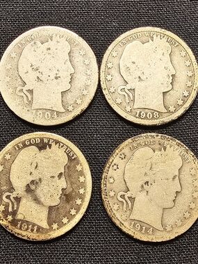 Barber Quarters 90% Silver, 1904, 1908-O, 1911, 1914 With Coin Tube.